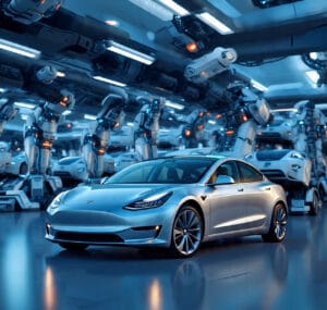 Inside Tesla Gigafactory with advanced robotic arms assembling electric cars, showcasing Tesla’s innovation and large-scale EV production
