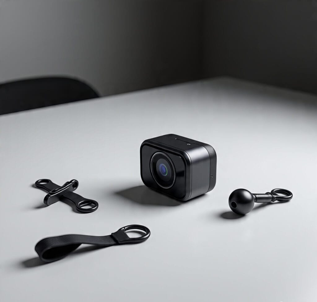 DJI Osmo Nano wearable action camera with magnetic accessories in a professional product photo setup