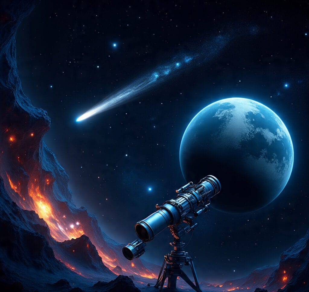 Futuristic space scene showing NASA discoveries in 2025 with a new moon orbiting Uranus, an interstellar comet, and a space telescope observing the cosmos. Vivid stars, cosmic dust, and realistic planets in cinematic style