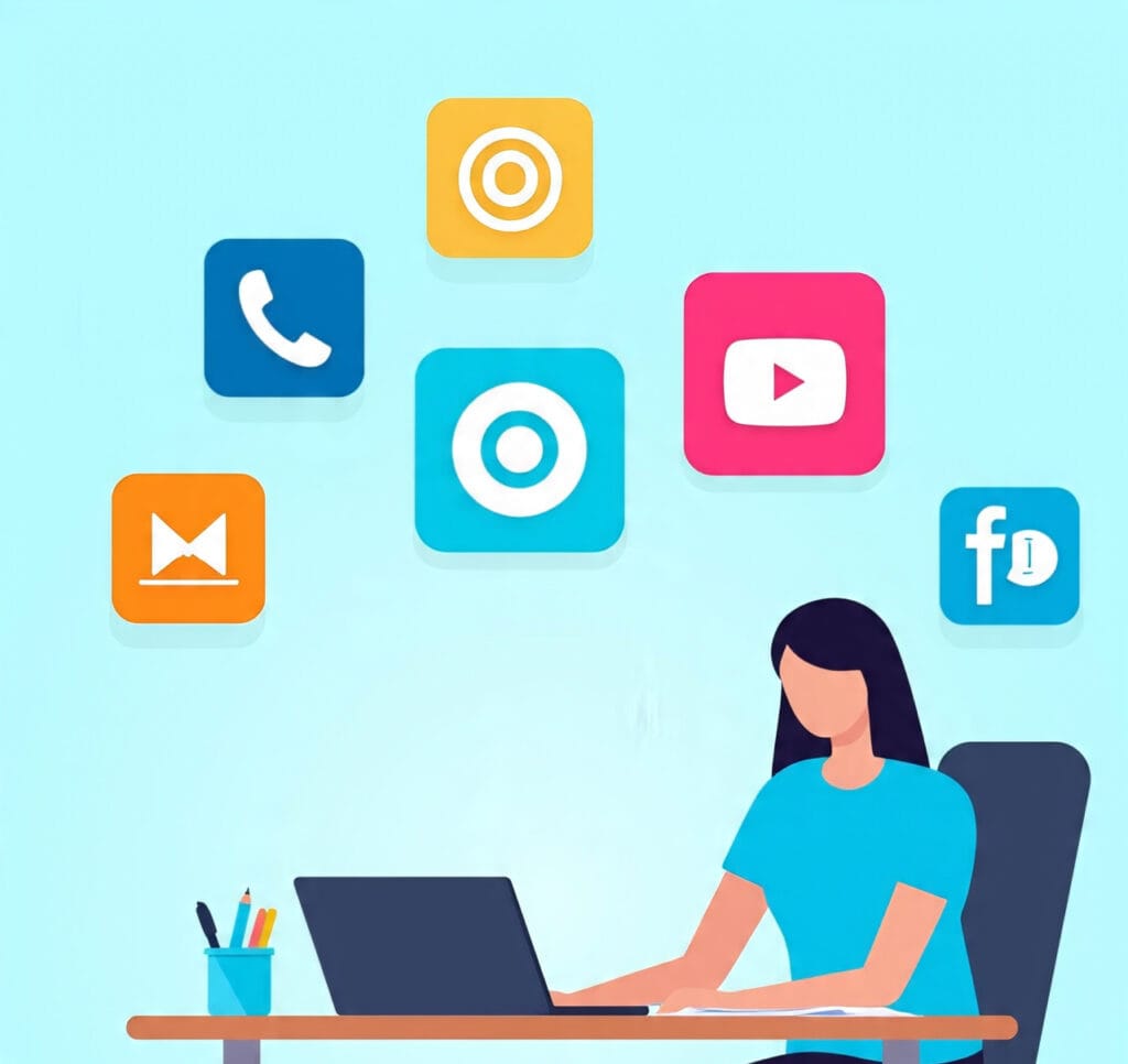 Freelancer working on a laptop at home with icons of blogging, YouTube, and affiliate marketing, symbolizing how to earn money online for free.