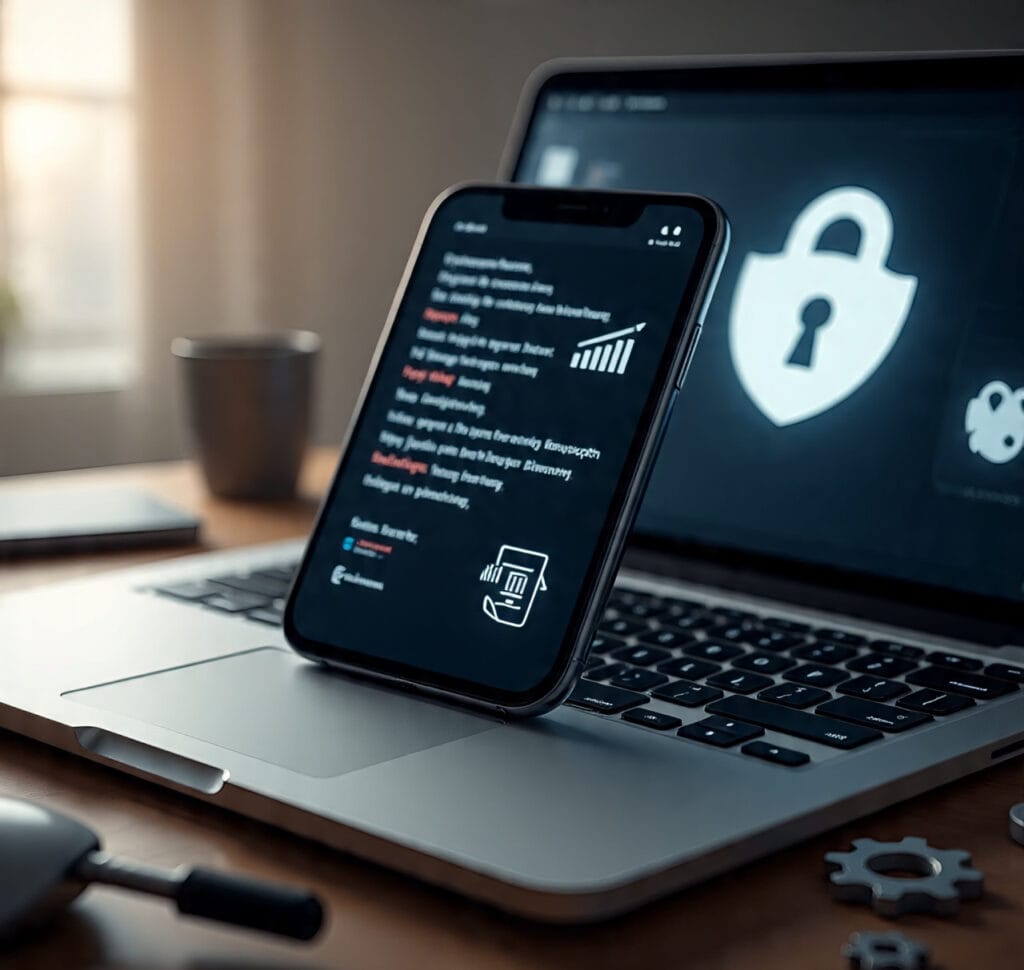 Android phone with security logs, laptop showing permission form, and padlock icon symbolizing legal mobile security testing.