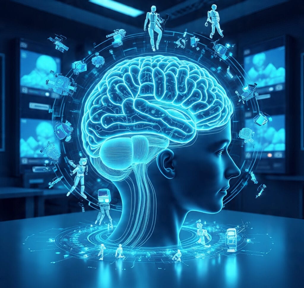 Futuristic AI brain with holograms showing machine learning breakthroughs 2025