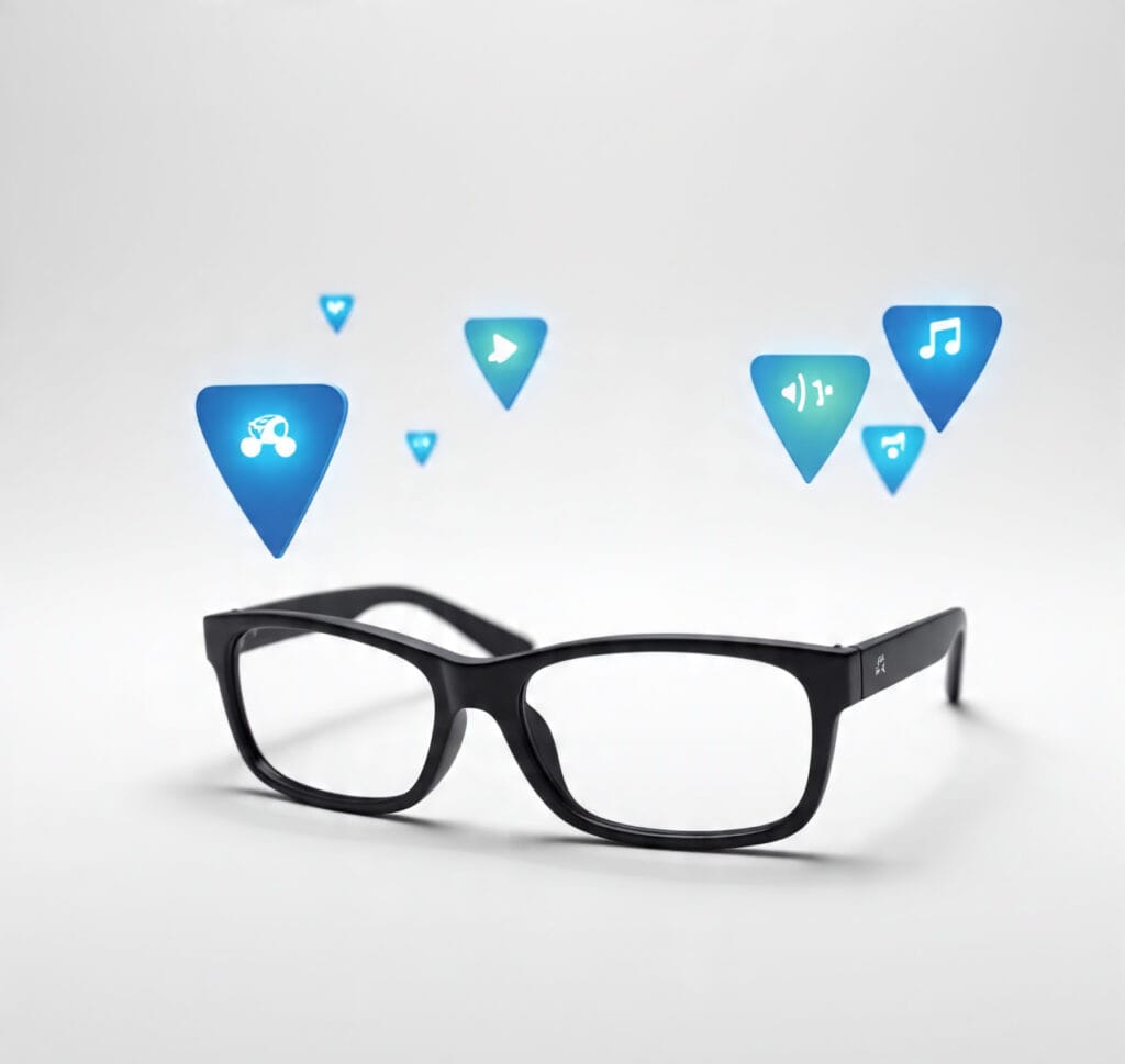 Ray-Ban Meta Smart Glasses 2025 in Wayfarer design showing AR display features with icons for maps, music, and notifications