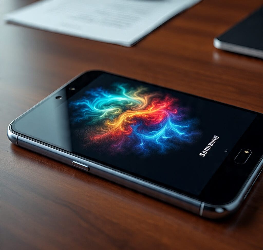 Samsung Innovation 2025 concept showing foldable Galaxy phones, smart home devices, and futuristic holographic displays.