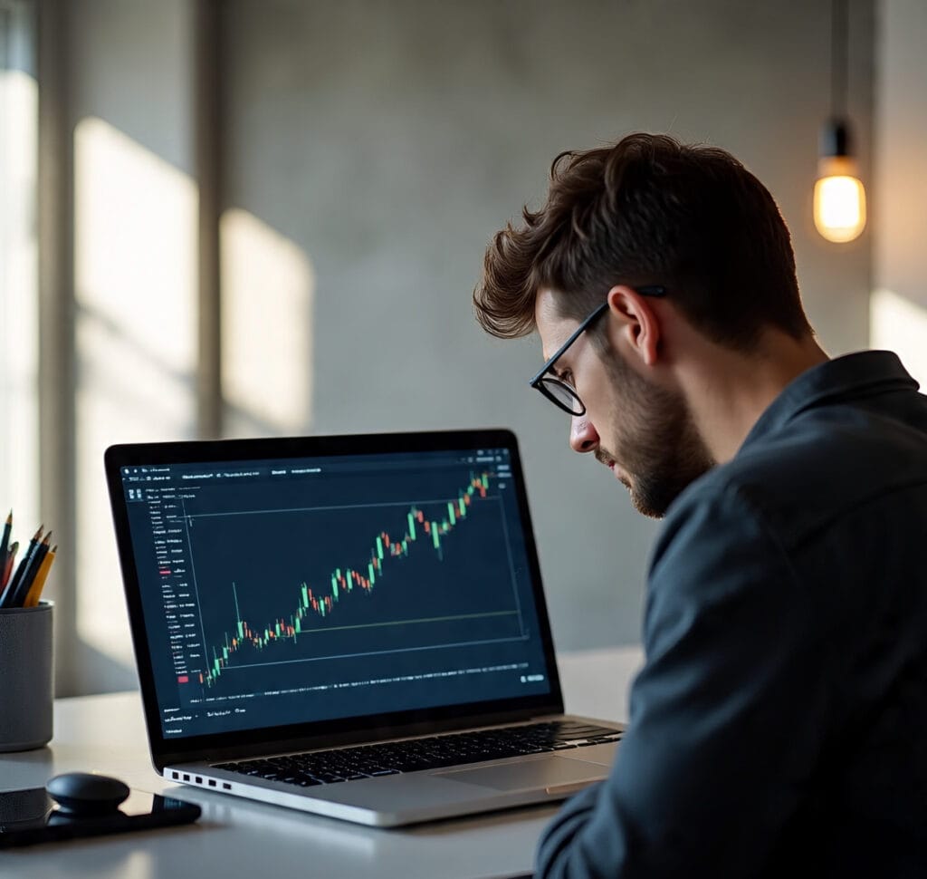 User trading Bitcoin safely on a laptop without KYC verification using a crypto exchange platform