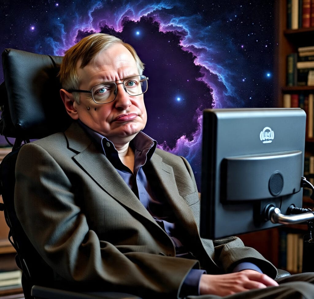 Stephen Hawking in wheelchair with speech device, famous physicist known for black hole discoveries and inspiring life story