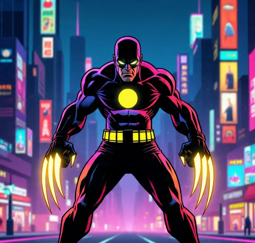 Cinematic artwork of a superhero with claws extended in a neon-lit rainy street, inspired by next-gen video game visuals