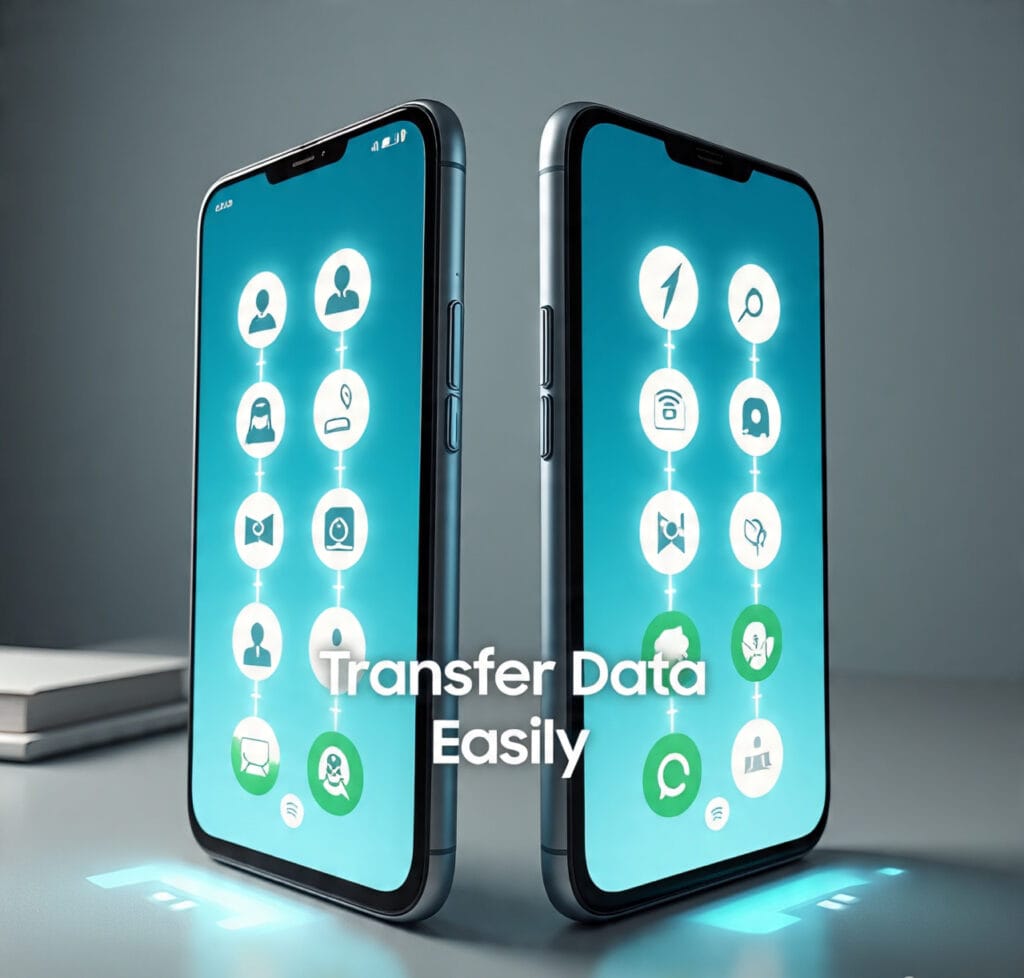 Smartphones with glowing data transfer animation showing photos, contacts, and apps moving from old phone to new phone