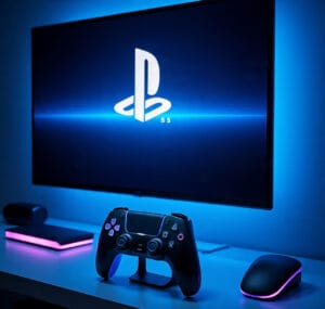 ultra_realistic_photo_of_a_playstation_5_gaming (1) PS5 console setup in 2025 with controller, SSD, cooling stand, and 120Hz display for optimized gaming performance