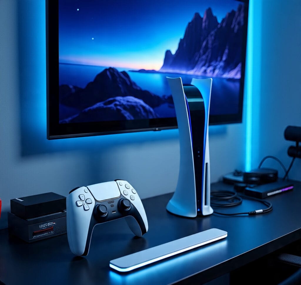 PS5 console setup in 2025 with controller, SSD, cooling stand, and 120Hz display for optimized gaming performance