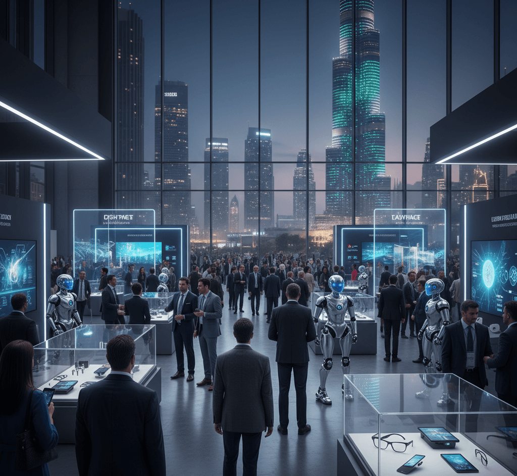 Photorealistic view of GITEX GLOBAL 2025 Dubai expo with people, AI robots, and gadgets.