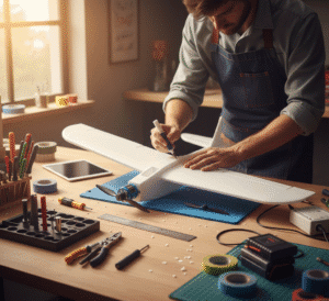 Person assembling a foam RC plane on a workbench with tools and electronics.