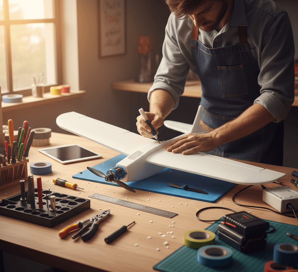 Person assembling a foam RC plane on a workbench with tools and electronics.