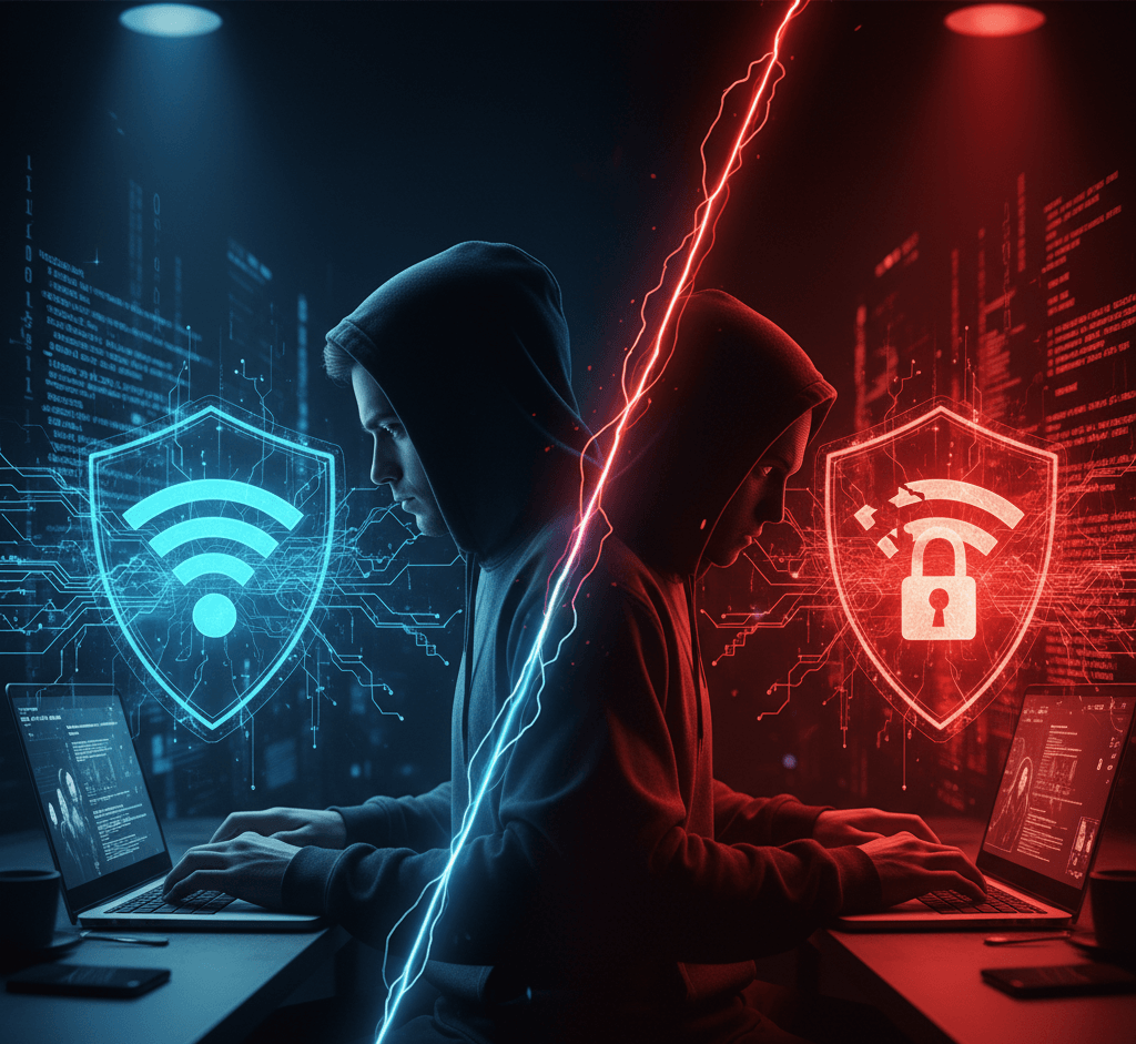 Ethical vs non-ethical WiFi hacking concept showing a cybersecurity expert monitoring wireless networks.