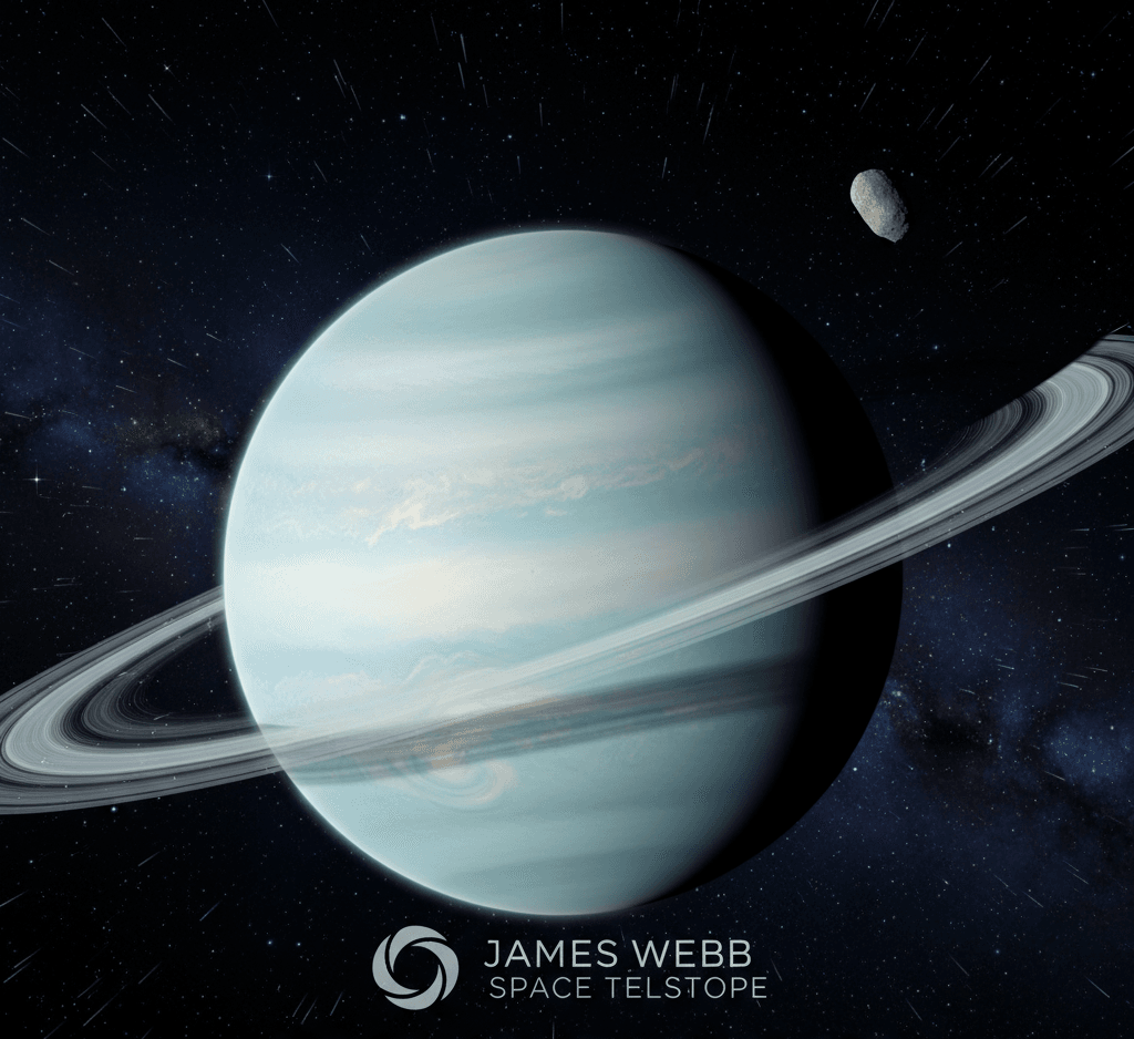 Illustration of Uranus with faint icy rings and a newly discovered small moon S/2025 U1 orbiting nearby, as observed by the James Webb Space Telescope