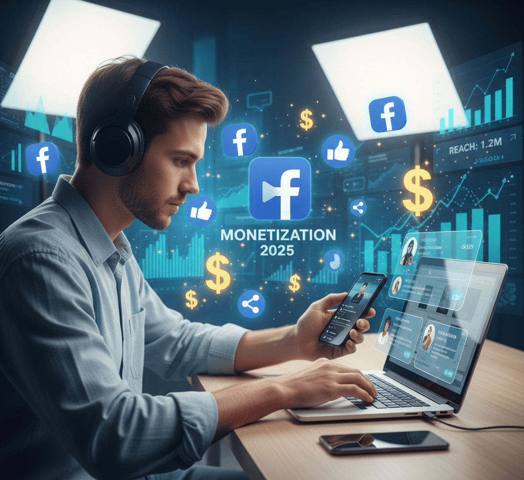 A content creator earning money online from Facebook using laptop and phone in 2025.