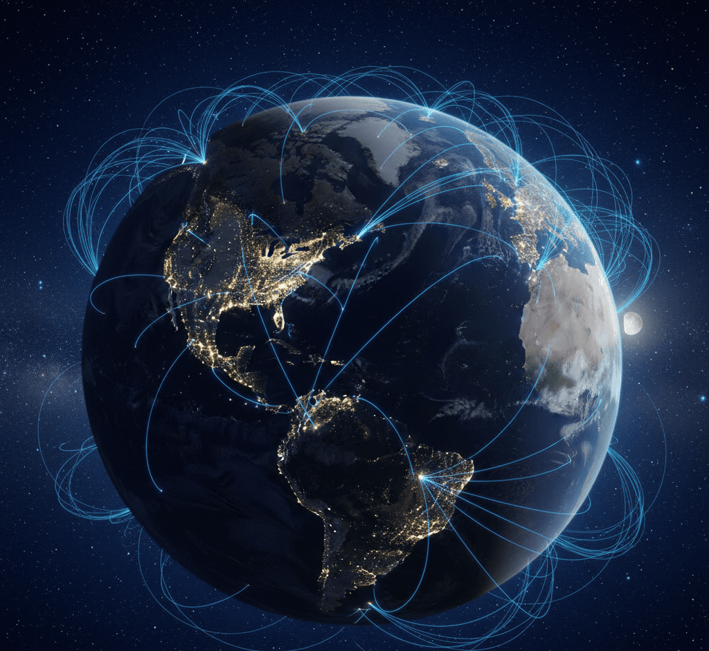 Starlink satellites orbiting Earth at night providing global internet connectivity.