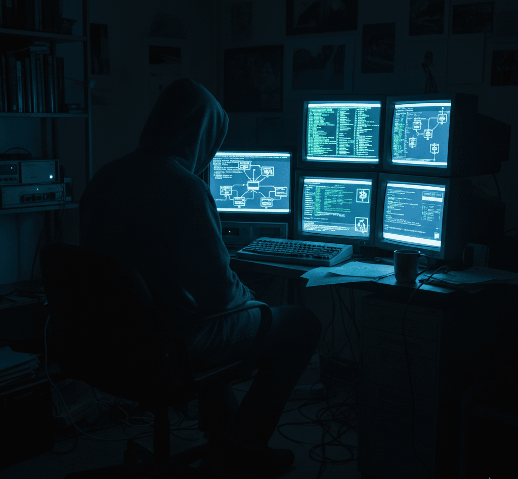 A realistic photo of an anonymous man in a dimly lit room launching Bitcoin in 2009, surrounded by computer screens showing blockchain code and cryptography data, symbolizing Satoshi Nakamoto’s creation of Bitcoin.