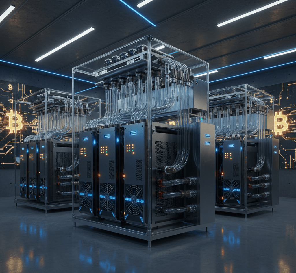 Bitmain Antminer S21 XP+ Hyd miner with advanced liquid cooling system in a high-tech Bitcoin mining setup.