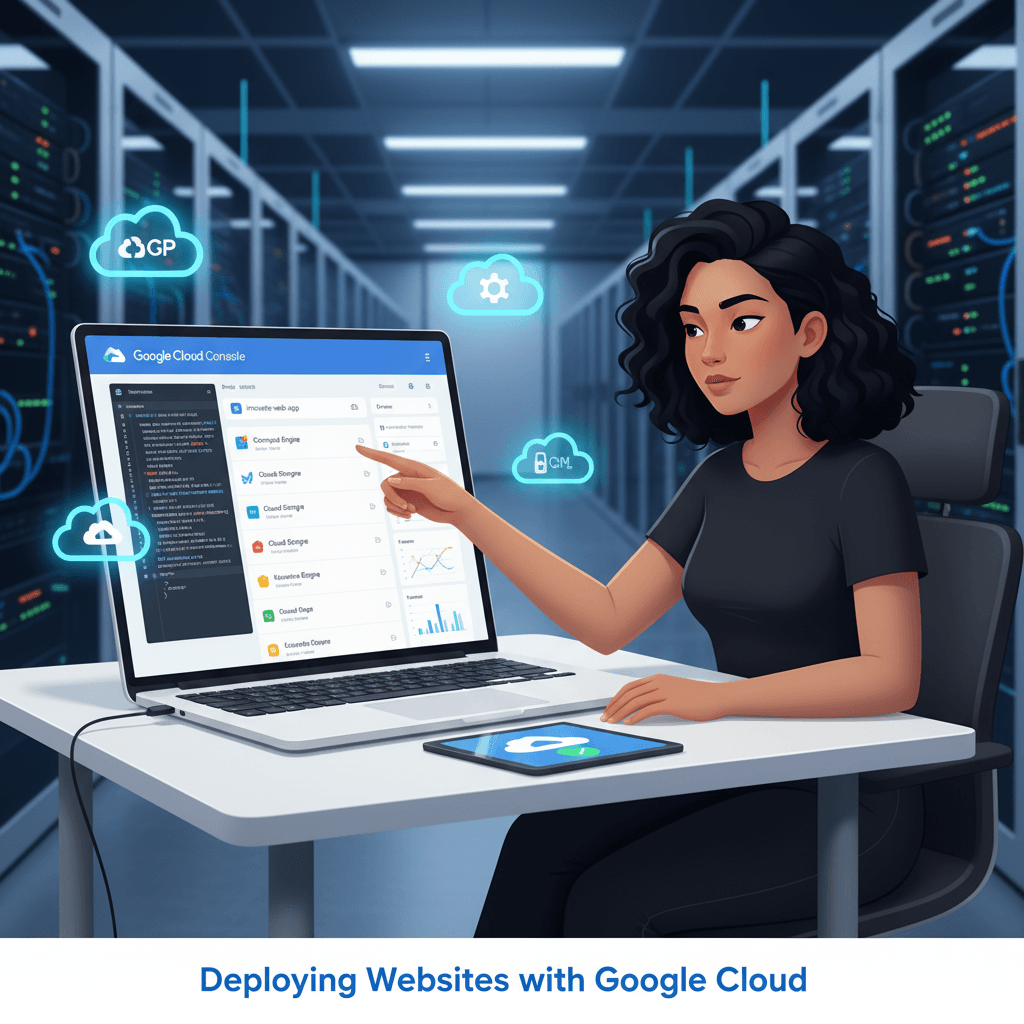 Developer hosting a website on Google Cloud using Google Cloud Platform dashboard and tools.