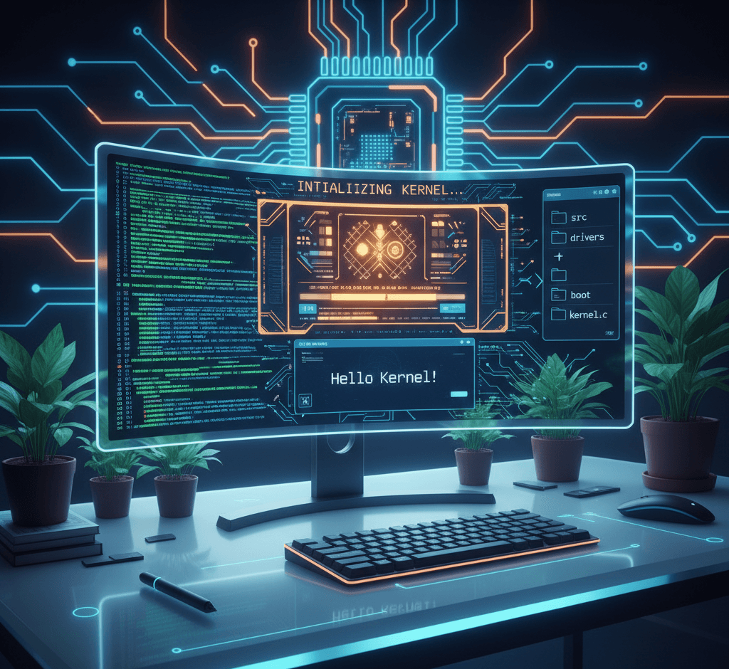 llustration of creating an operating system from scratch with code, bootloader, and kernel programming displayed on a computer screen.