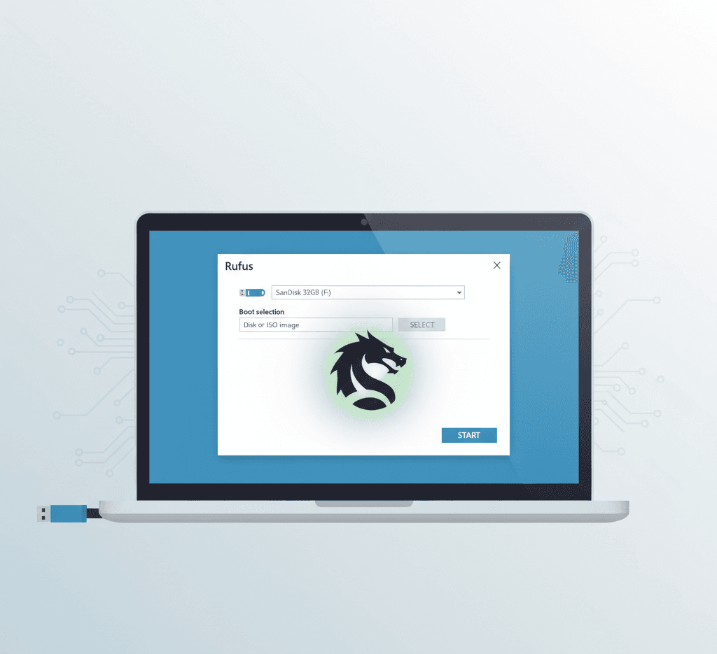 Windows 10 laptop with Rufus creating a bootable Kali Linux USB drive