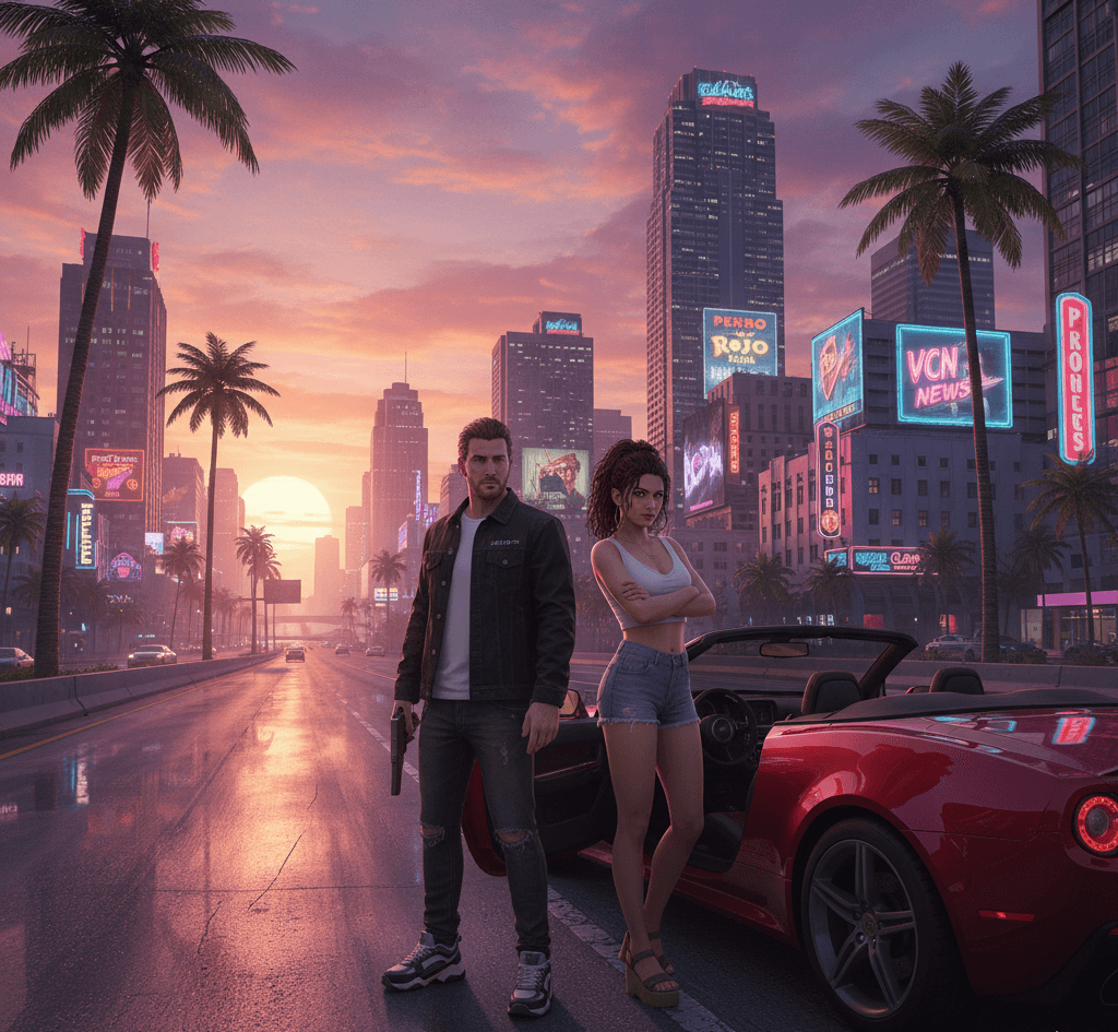 GTA 6 protagonists Jason and Lucia in front of Vice City skyline at sunset, standing beside a red sports car.