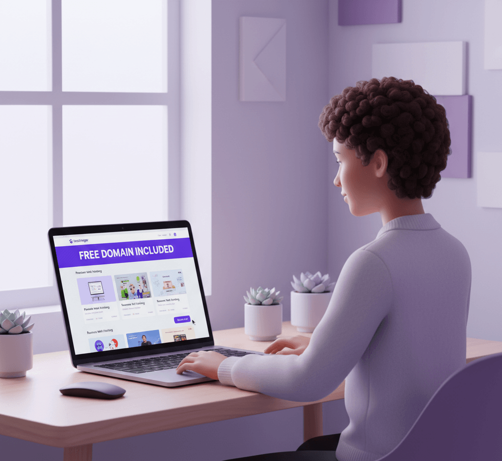 Person buying Hostinger hosting plan with free domain included on laptop screen, Hostinger website interface visible.