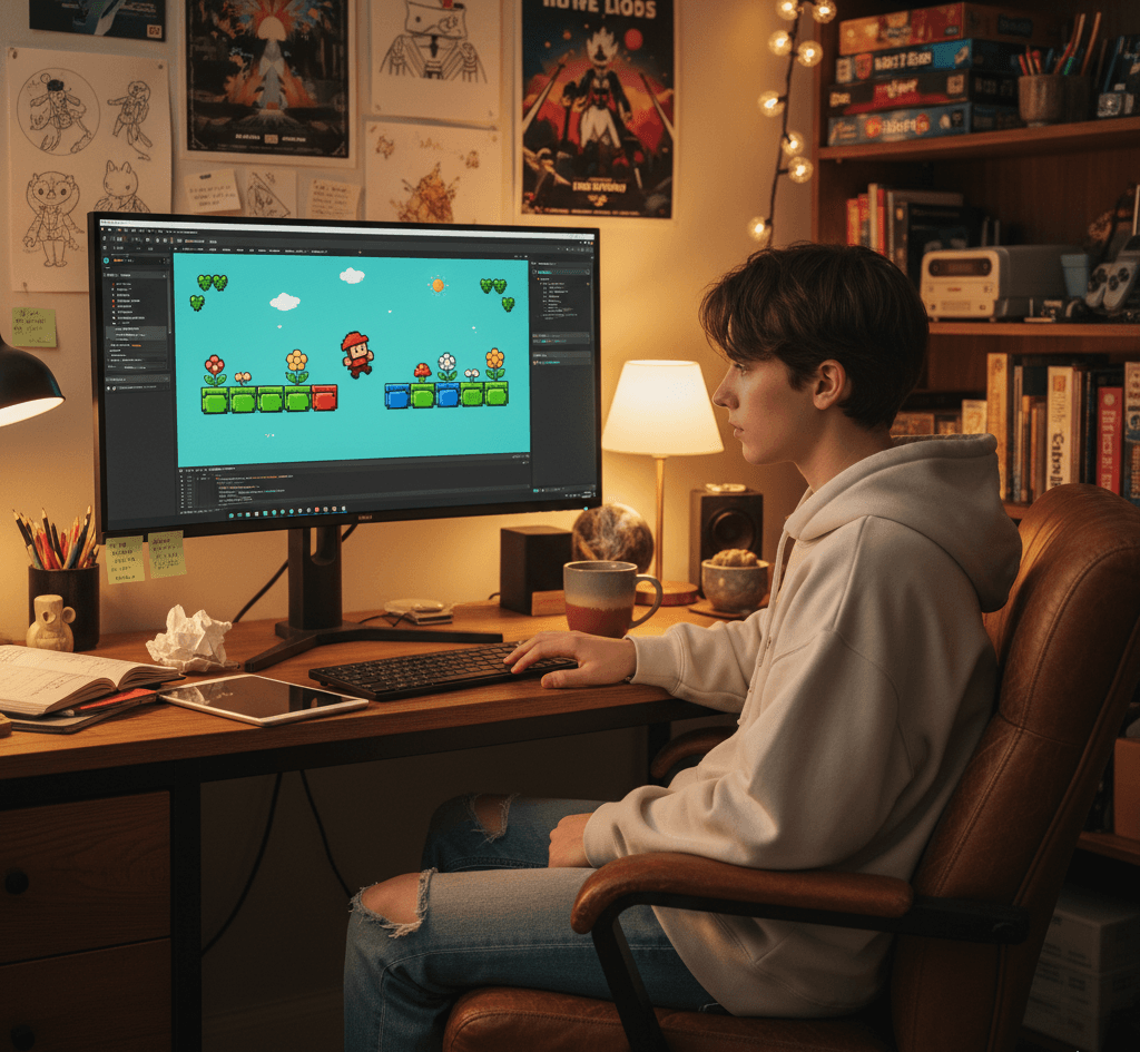 Beginner game developer creating a 2D platformer in Unity on a Windows computer.