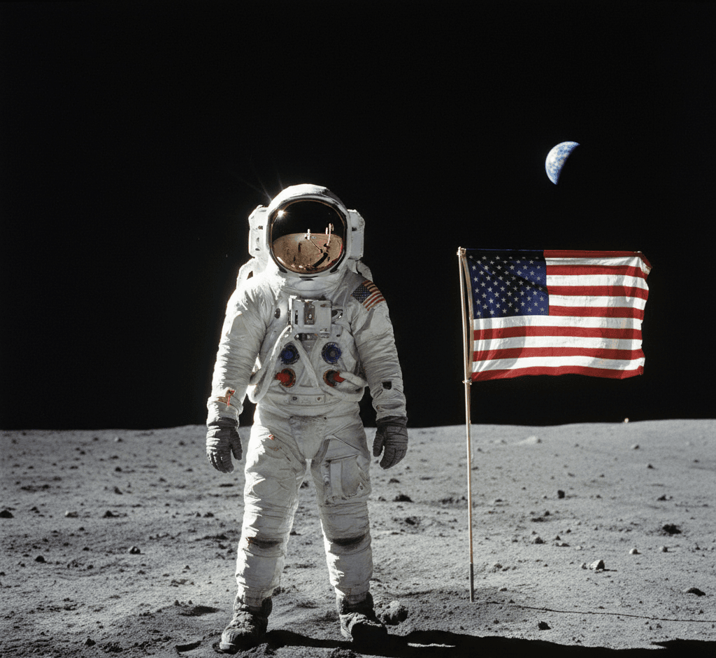 Neil Armstrong standing on the Moon beside the American flag during Apollo 11, with Earth visible in the distance.