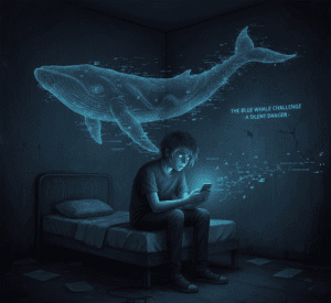 Teen sitting in a dark room using smartphone — concept art representing the Blue Whale Challenge and online dangers.