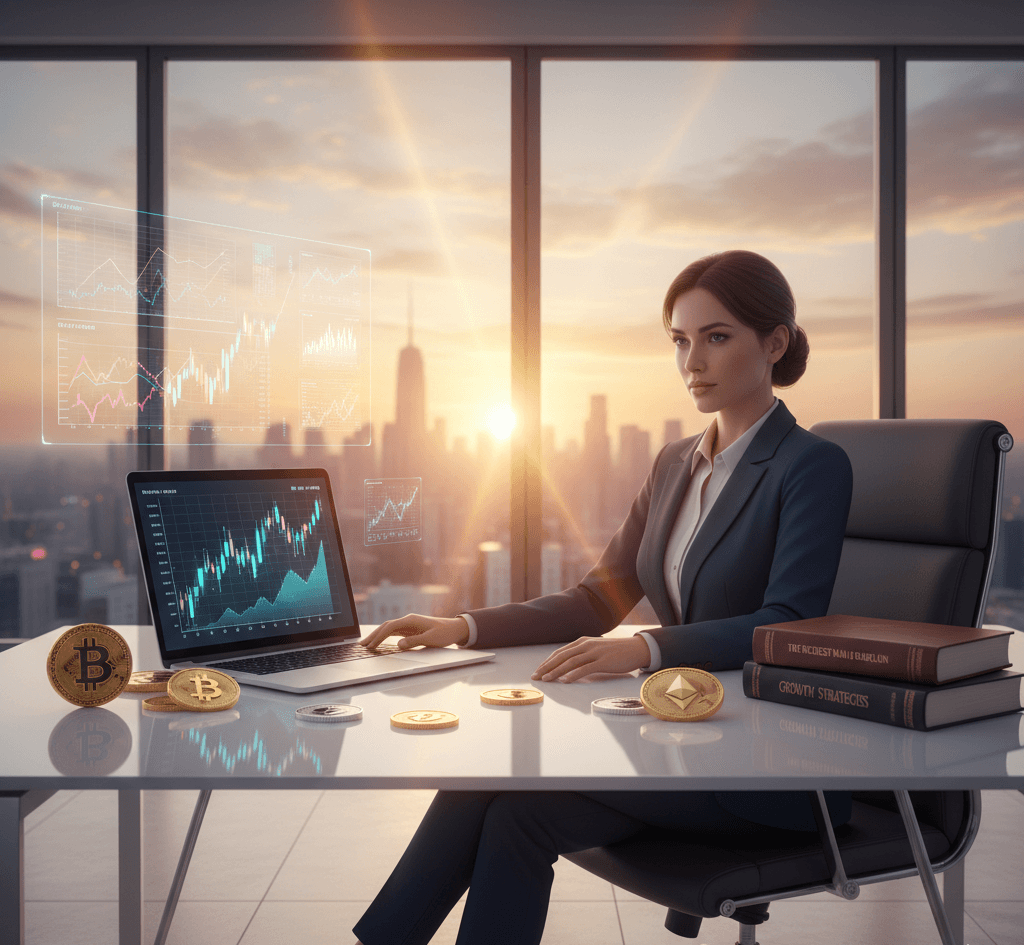 Successful entrepreneur planning wealth strategies with laptop and financial growth charts in a modern office.