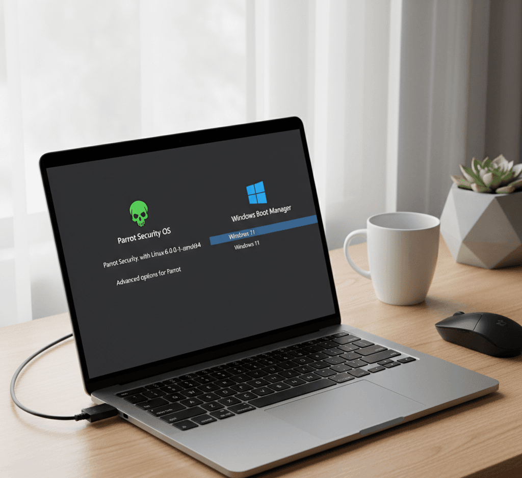 Laptop displaying Parrot Security OS and Windows 11 dual boot menu on startup screen.