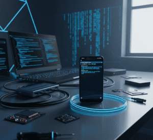 Android phone running Kali Linux terminal without root next to laptop on desk, cybersecurity setup.