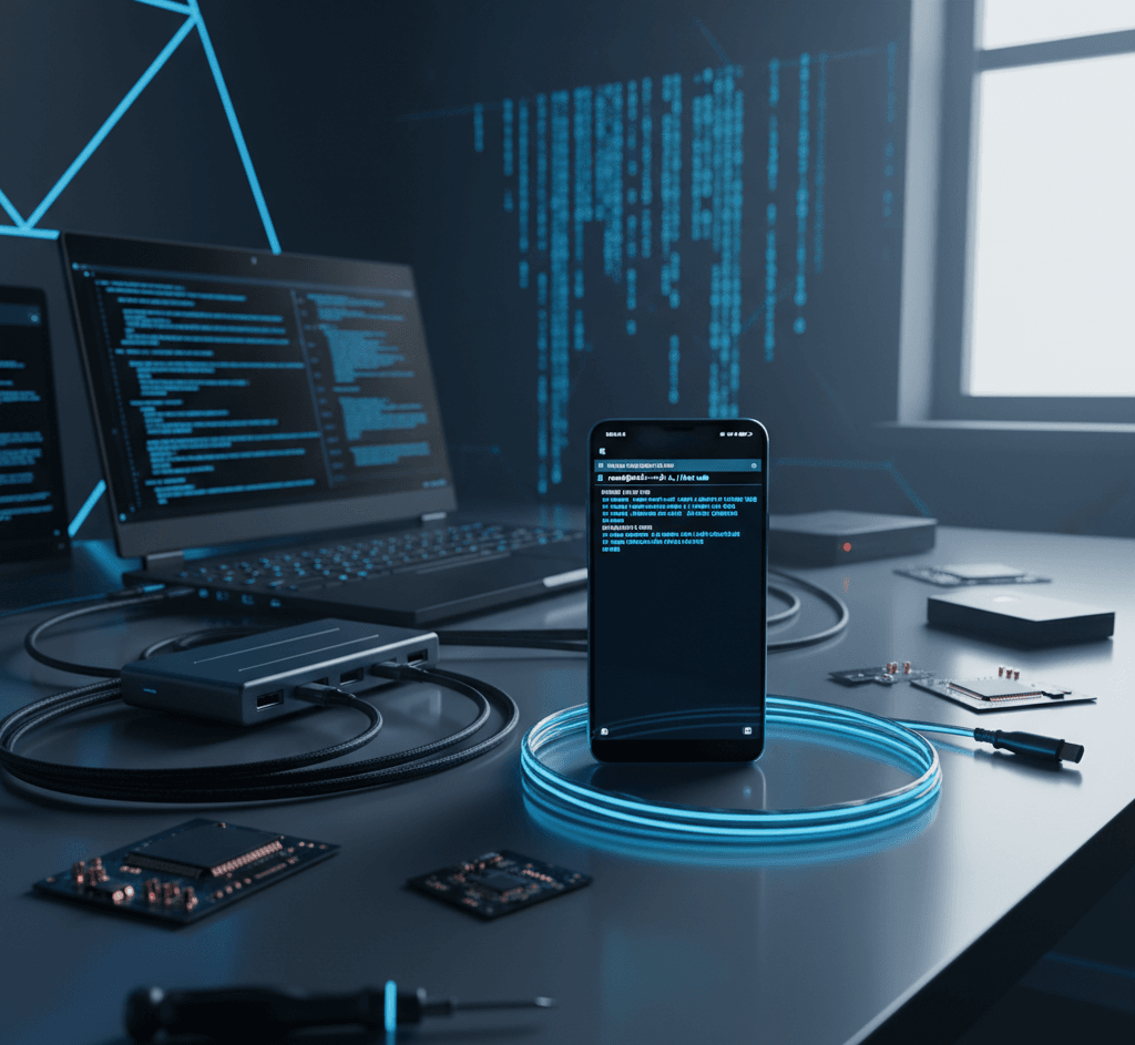 Android phone running Kali Linux terminal without root next to laptop on desk, cybersecurity setup.