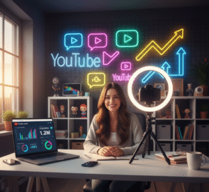 YouTuber creating engaging content to grow a famous YouTube channel with professional setup and camera.