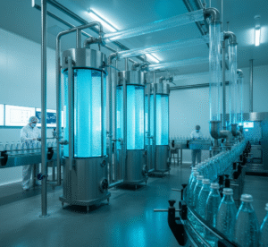 Advanced mineral water purification technology inside a modern bottling plant ensuring pure and safe drinking water.